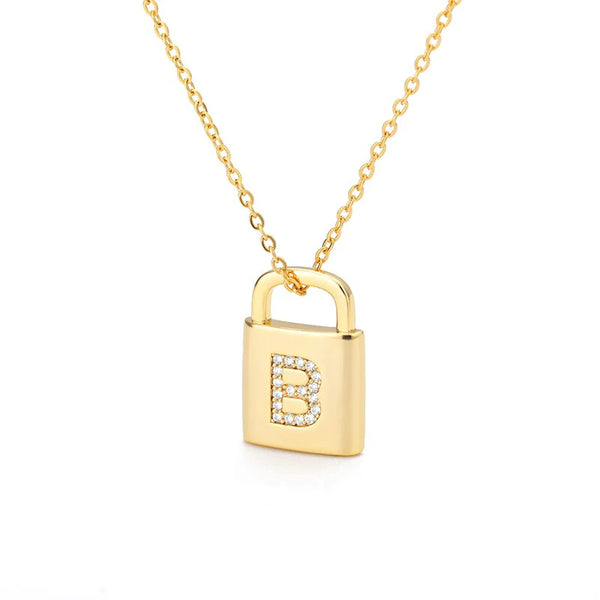 Gold Initial Lock Pendant Necklace