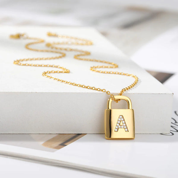Gold Initial Lock Pendant Necklace